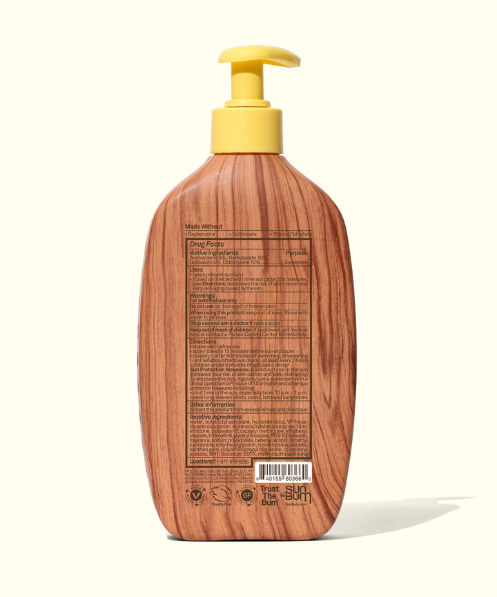 Back view of the Original SPF 50 Sunscreen Lotion in a wood-textured bottle with a yellow pump, Sun Bum.