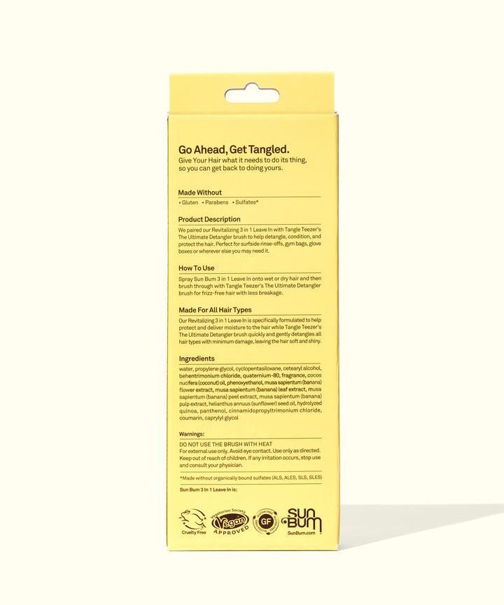 Yellow product box for Sun Bum x Tangle Teezer detangling duo, displaying product description, ingredients, and usage instructions. Features