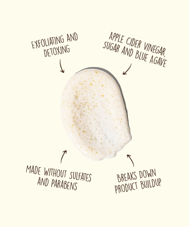 Close-up of the Revitalizing Detox Scalp Scrub with product highlights around it, including exfoliating and detoxing, made with apple cider vinegar, sugar, and blue agave, made without sulfates and parabens, and breaks down product buildup, Sun Bum.