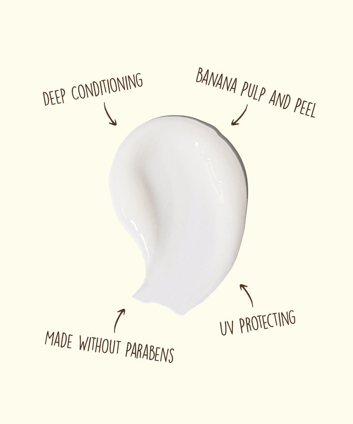 Revitalizing Hair Mask texture showcasing deep conditioning benefits with banana pulp and peel, UV protection, and made without parabens. Sun Bum