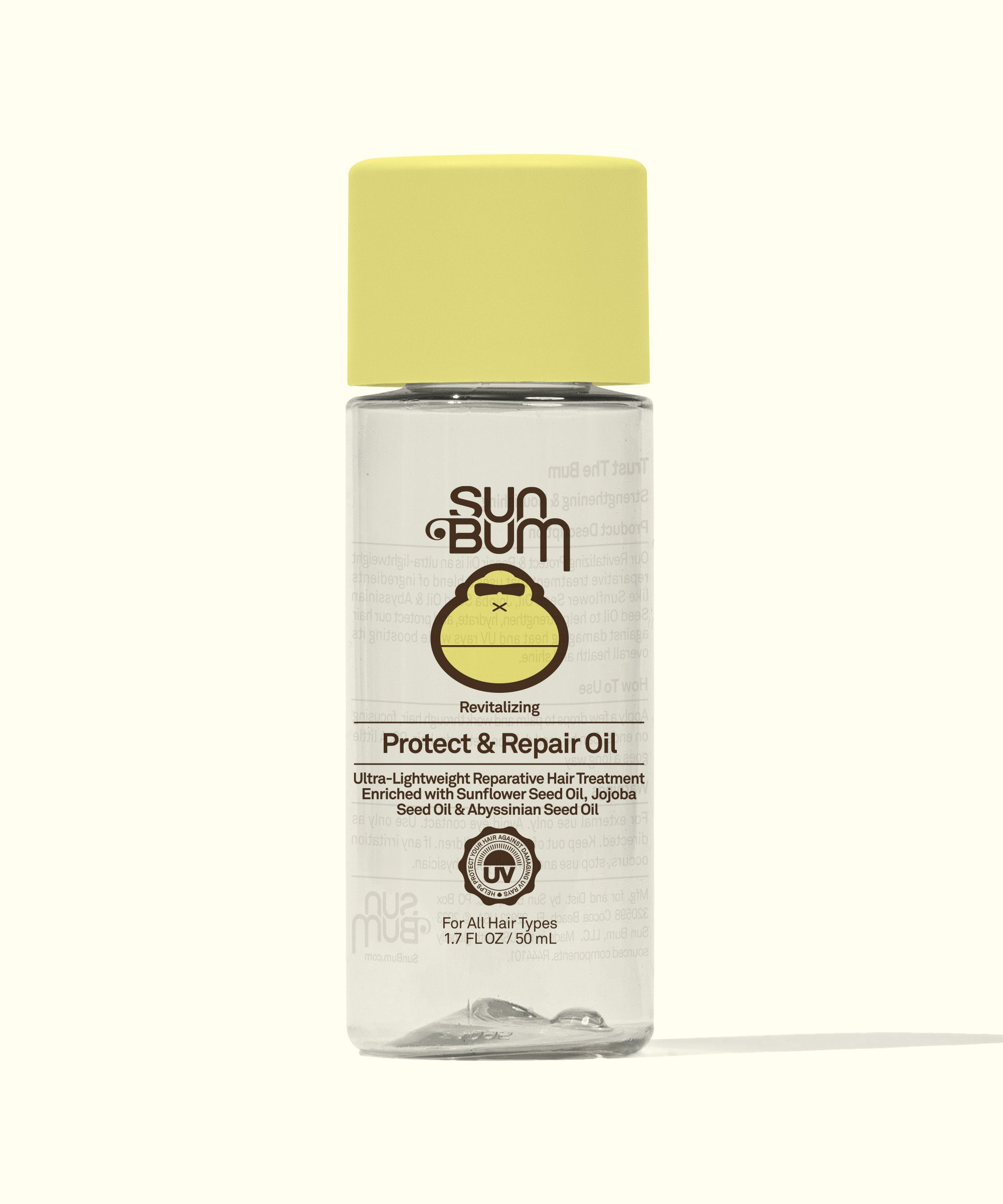 Revitalizing hair treatment infused with sunflower, jojoba, and abyssinian oils to strengthen, hydrate, and protect hair against heat and UV damage - Sun Bum.