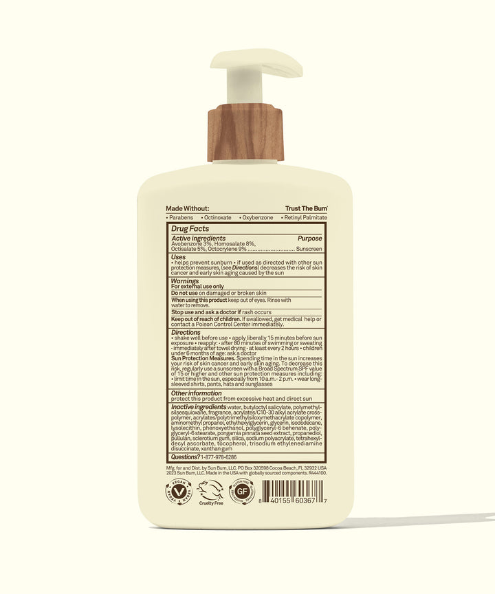 Back view of Sun Bum Daily SPF 50 Body Lotion bottle with pump top, showing ingredients and drug facts.