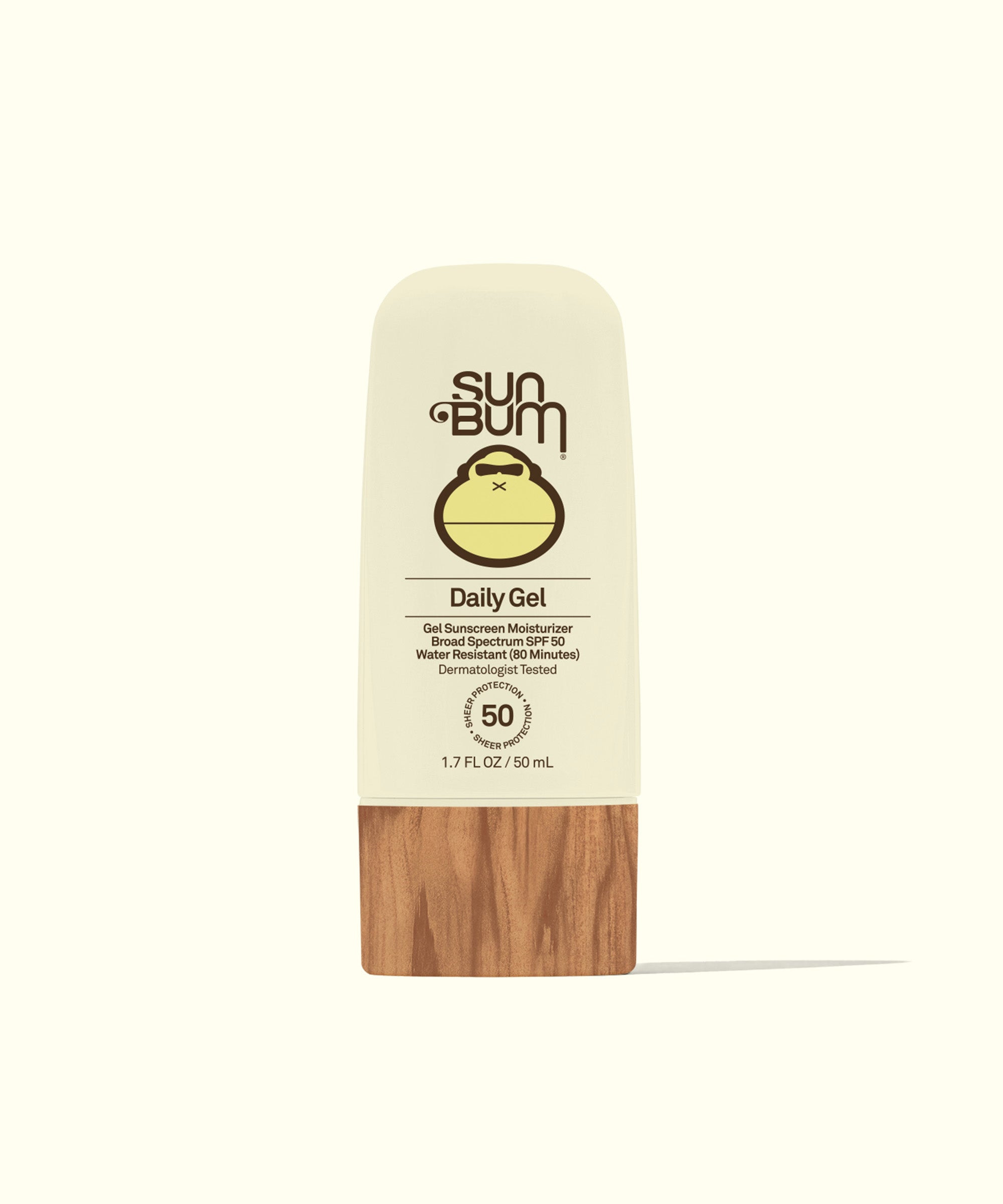 Bottle of Daily 50 Face Gel sunscreen by Sun Bum with Vitamin E and Antioxidants for hydrated, 24-hour moisture and UVA/UVB protection.