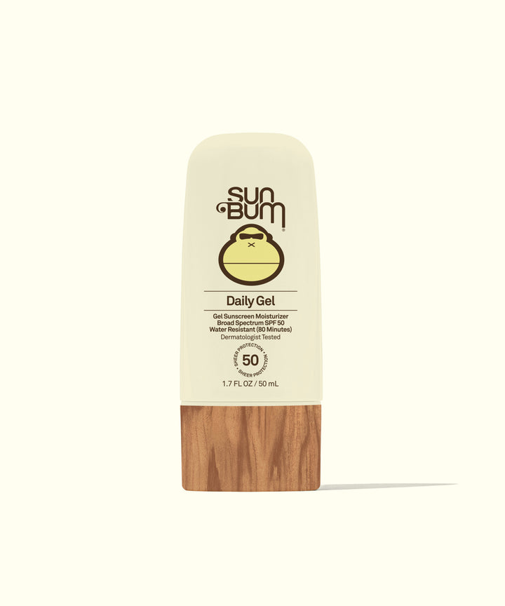 Bottle of Daily 50 Face Gel sunscreen by Sun Bum with Vitamin E and Antioxidants for hydrated, 24-hour moisture and UVA/UVB protection.