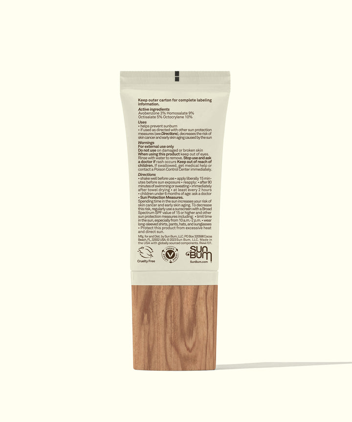 Back of Daily 50 Face Lotion tube with product details, featuring Vitamin E and Antioxidants for 24-hour moisturization and UVA/UVB protection by Sun Bum.