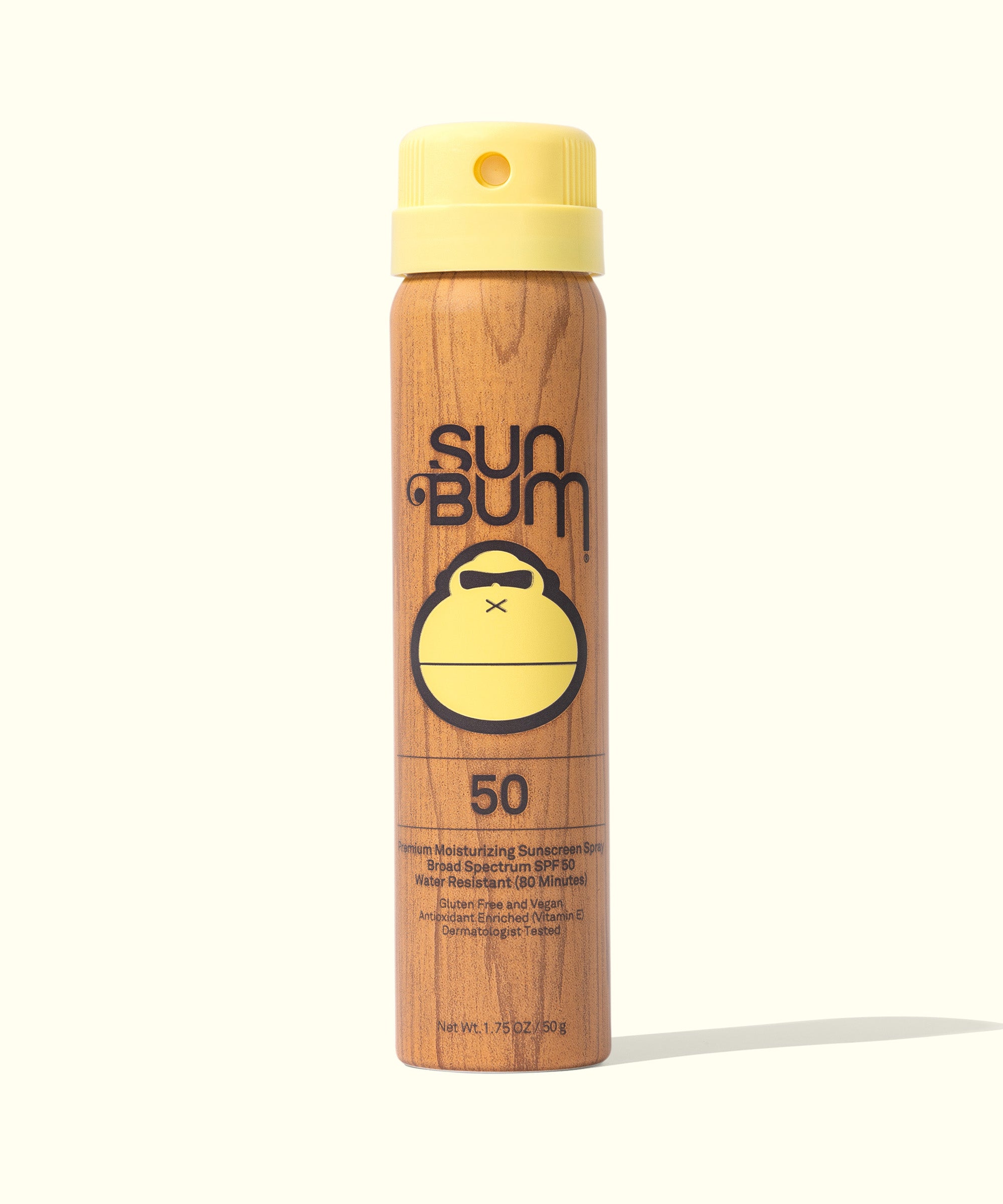 Original SPF 50 Sunscreen Spray with dry touch continuous formula, providing Broad Spectrum protection and enriched with Vitamin E. Non-aerosol spray system, perfect for your beach bag. Sun Bum.
